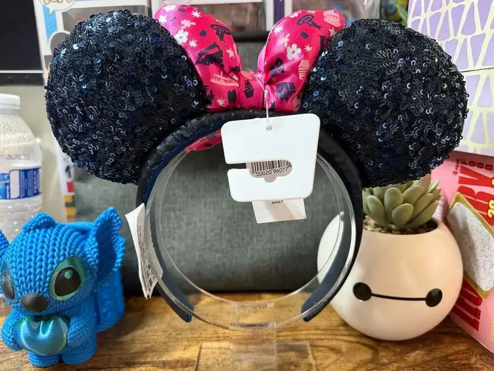 Disney Parks NWT Classic Attractions Ear Headband with Pink Bow and Navy Sequins